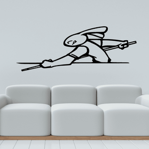 Wall decal of a bunny pool player aiming a cue stick with black outline