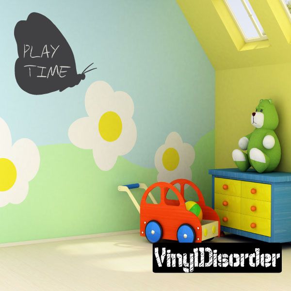 Butterfly chalkboard wall decal with white 'Play Time' text