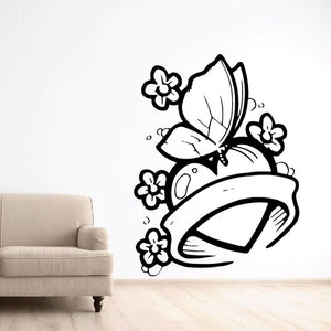 Butterfly heart and flower decal in black and white outline