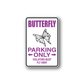 Parking only sticker with butterfly graphic and purple text on white