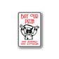 Pizza slogan sticker with cartoon chef holding dough, red and white lettering