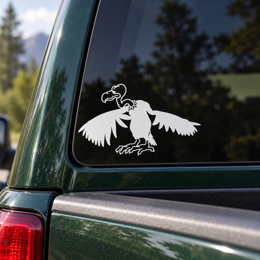 Perched vulture decal sticker, white bird silhouette on car window