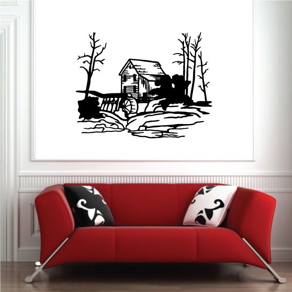 Cabin along the River wall decal with black riverside cabin, trees, and water lines