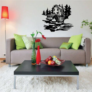 Cabin and water wheel wall decal with tree and forest silhouette
