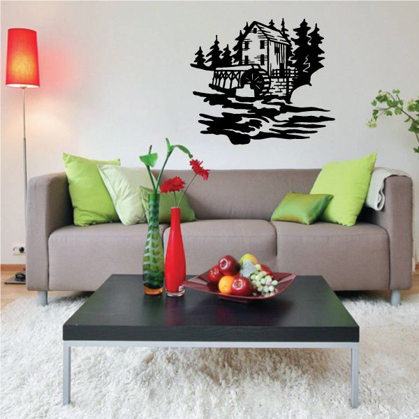 Cabin and water wheel wall decal with tree and forest silhouette