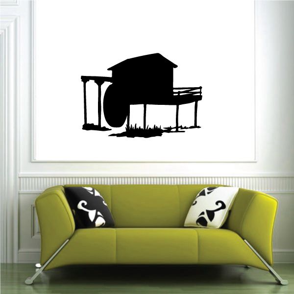 Black cabin on stilts silhouette wall decal with porch and railing