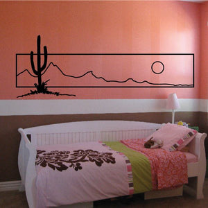 Vinyl wall decal of cactus silhouette with sun circle and desert line art border