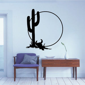 Vinyl wall decal: black cactus silhouette with outlined sun circle and small grass