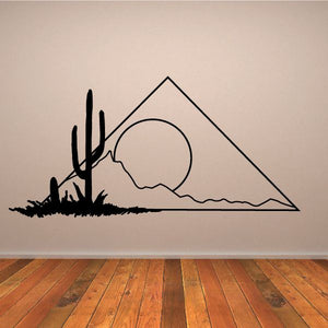 Black line art vinyl wall decal of cactus, sun, and desert pyramid