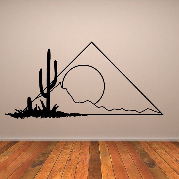Black line art vinyl wall decal of cactus, sun, and desert pyramid