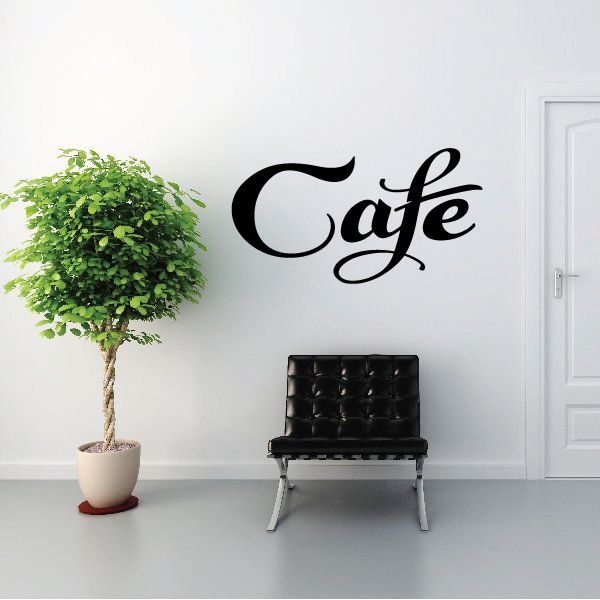 Black vinyl wall decal with cursive "Cafe" lettering