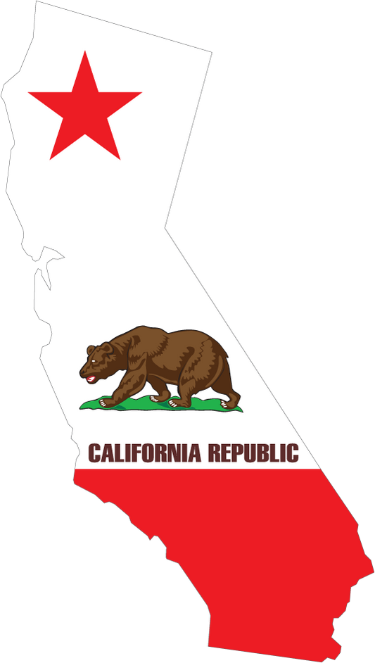 California shape flag sticker with red star, grizzly bear, and 'CALIFORNIA REPUBLIC'