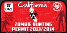 Red California zombie hunting permit sticker with “Zombie Hunting Permit 2013/2014” text