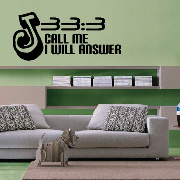 Religious wall decal with black music-note icon, 3:33, and “Call me I will answer” text