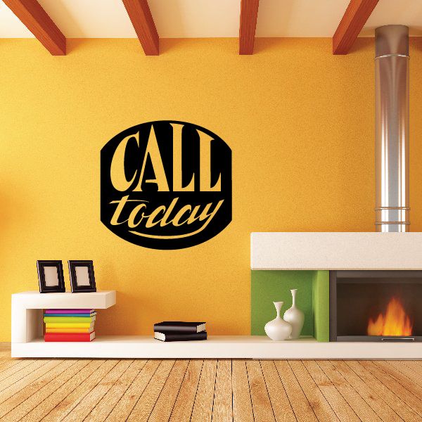 Black oval wall decal with "CALL today" lettering in script and serif