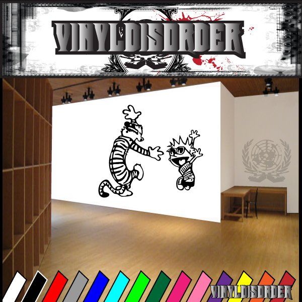 Vinyl cartoon decal sticker set with two black-and-white animal characters, die-cut design
