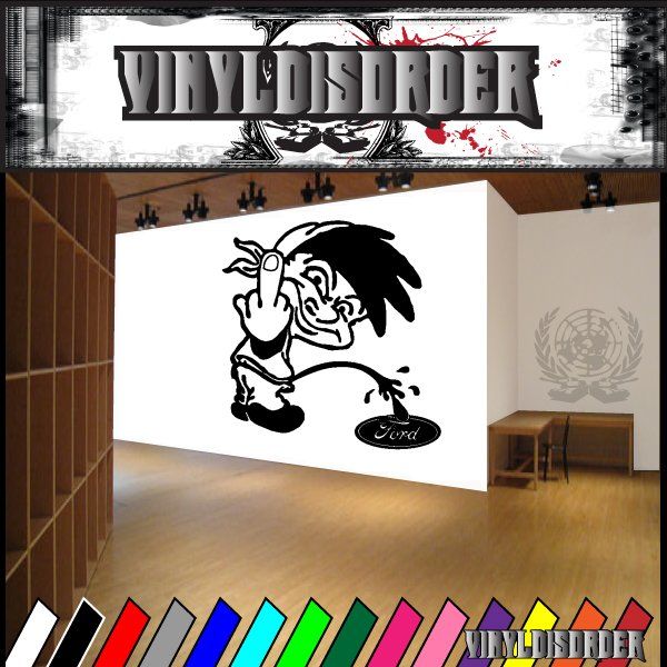 Car decal vinyl sticker with black dog-like character line art and word badge