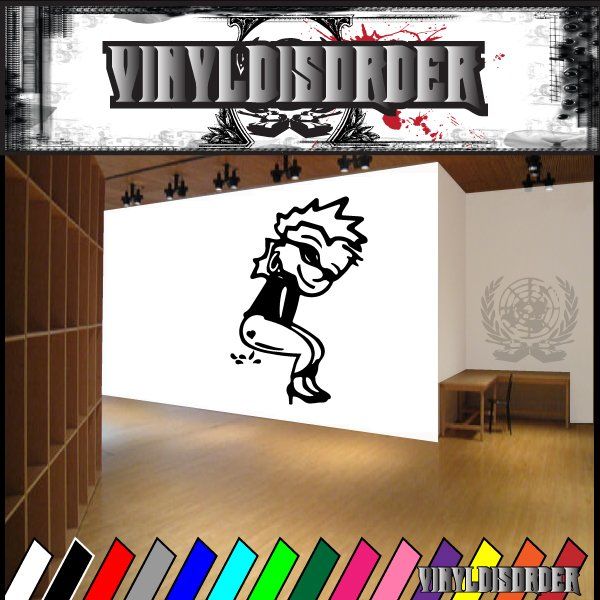 Black cartoon peeing decal with splash and spiky-haired figure, wall sticker