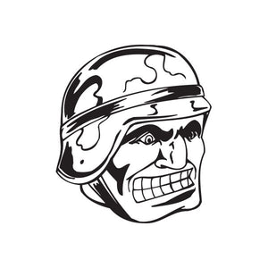 Soldier helmet decal with grinning face, black and white line art