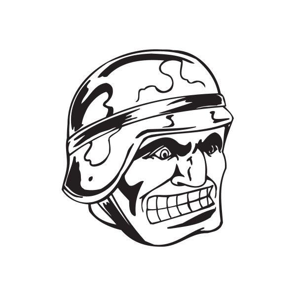 Soldier helmet decal with grinning face, black and white line art