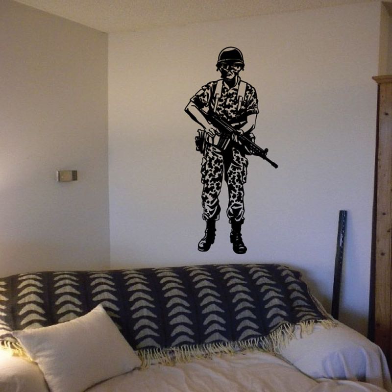 Camouflage soldier wall decal standing with rifle, black and white pattern