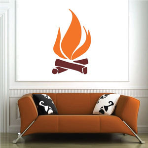 Flame and log die-cut decal with orange flames and dark brown logs