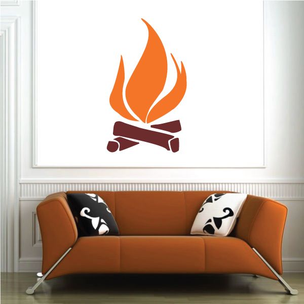 Flame and log die-cut decal with orange flames and dark brown logs