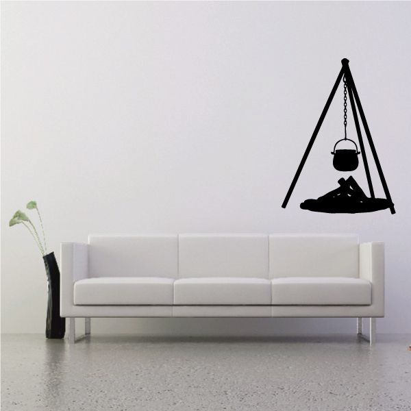 Black vinyl wall decal of campfire tripod with hanging lantern