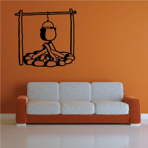 Campfire wall decal: hanging pot over firepit with logs, black vinyl outline