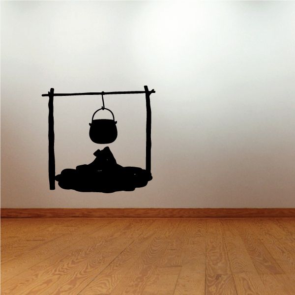 Camp fire wall decal: black silhouette of hanging pot over fire pit