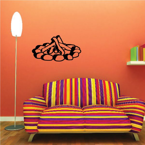 Campfire wall vinyl decal with black outlined flames and logs