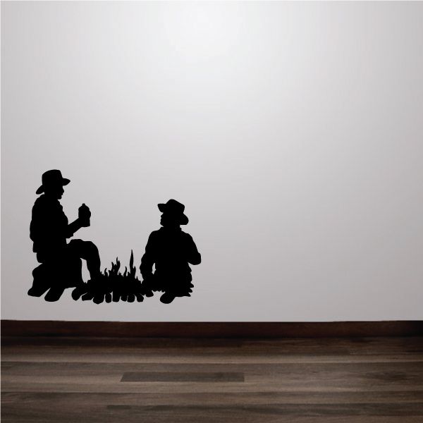 Campfire wall decal vinyl sticker with two seated campers silhouette and fire pit
