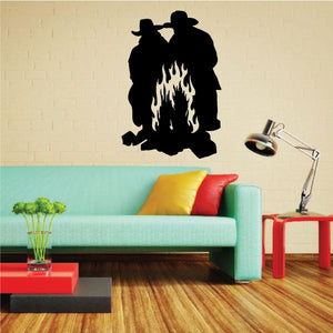 Camp fire vinyl wall decal, silhouetted campers with flames