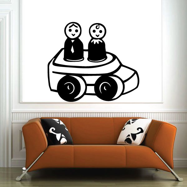 Cartoon vinyl car wall decal with two people in a small black-and-white car