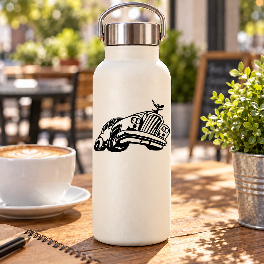 Car illustration sticker decal on white insulated water bottle with metal lid
