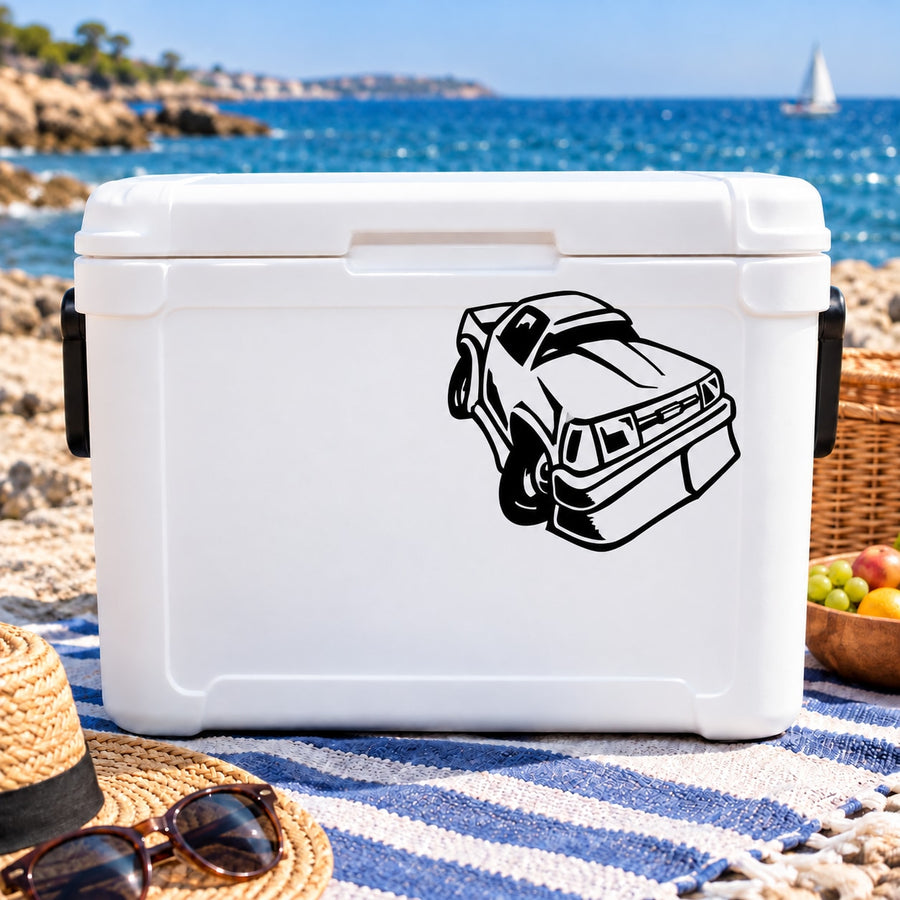 Vinyl car window decal sticker with black outlined car graphic on a cooler
