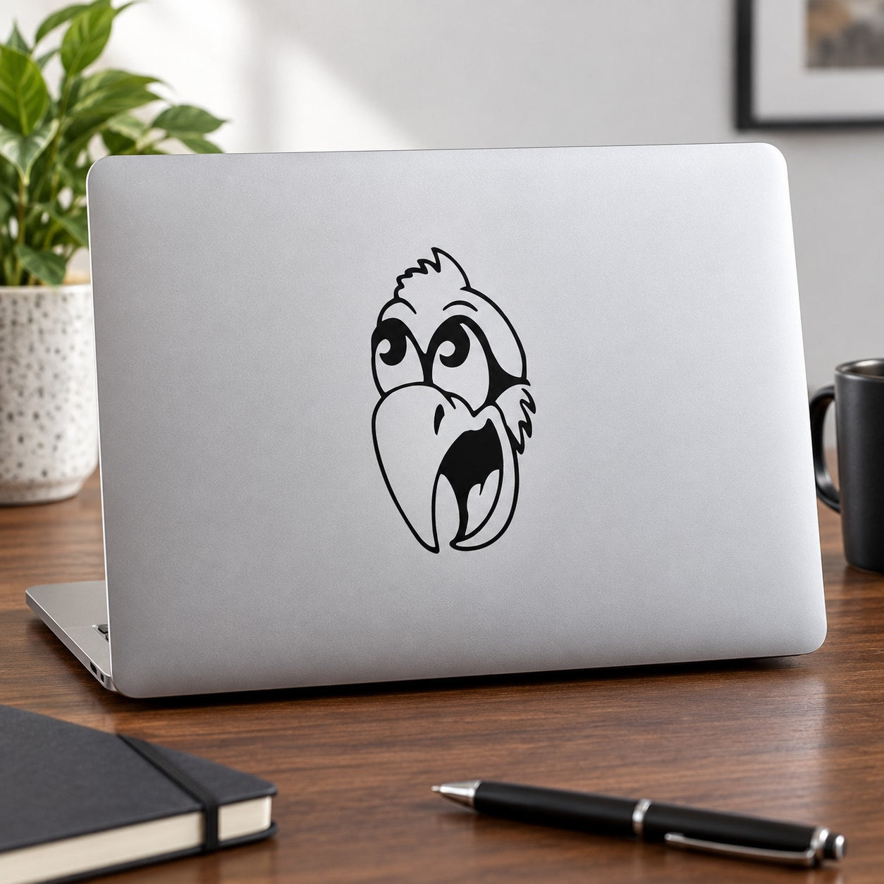 Smiling cartoon bird face decal, black outline with white fill
