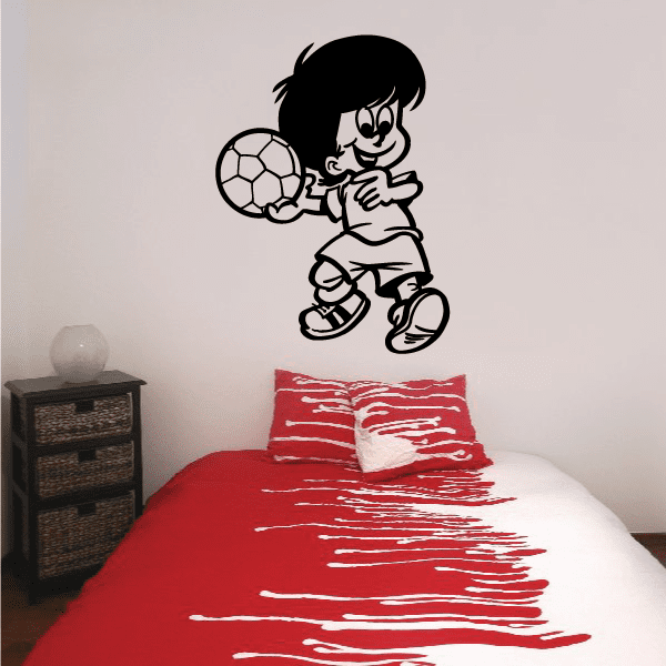 Cartoon child rugby decal of a kid dribbling with a ball, black outline