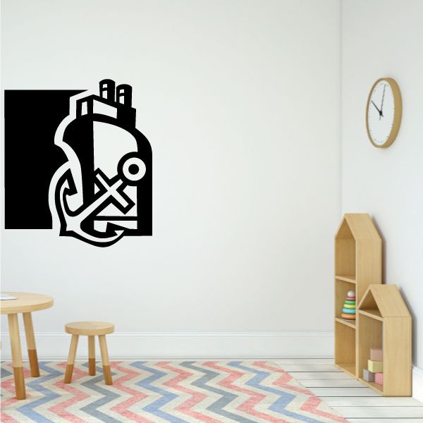 Cartoon cruise ship wall decal with black and white outline and anchor