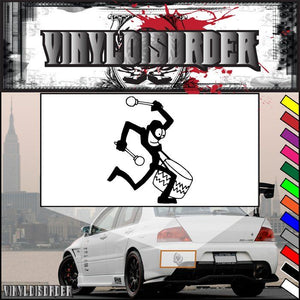 Cartoon drummer decal with black and red graphic, white background border