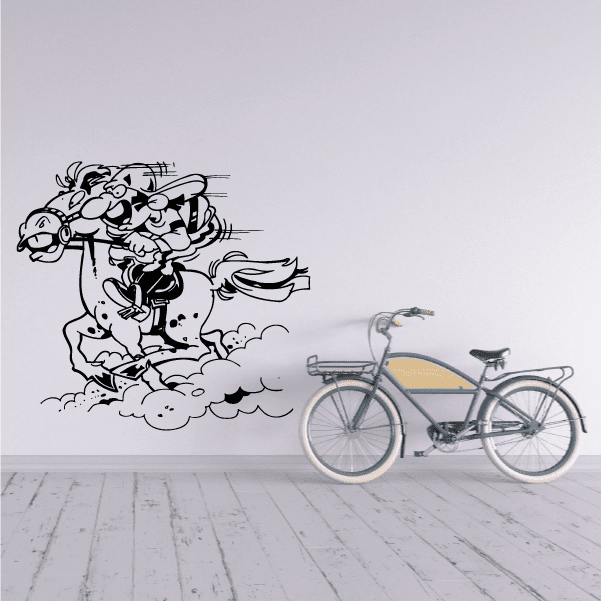 Black and white cartoon horse and jockey wall decal with motion lines