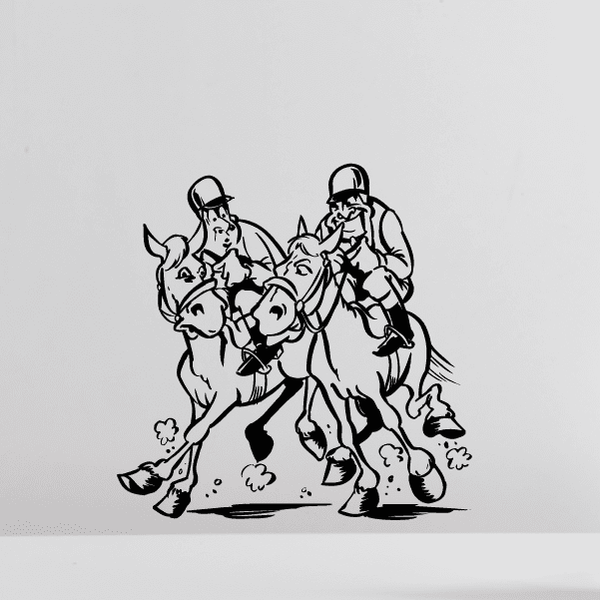 Cartoon horse racing decal with two jockeys and two horses in black outline