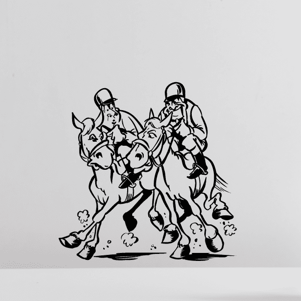 Cartoon horse racing decal with two jockeys and two horses in black outline