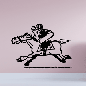 Cartoon horse racing jockey graphic with black-and-white horse and rider