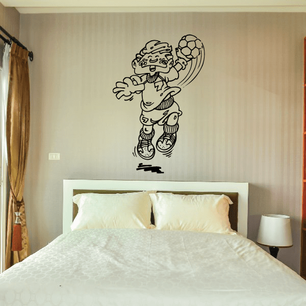 Cartoon kid rugby player wall decal, black outline graphic holding a soccer ball