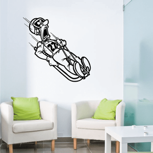 Cartoon luge rider decal, black-and-white sled with driver holding reins