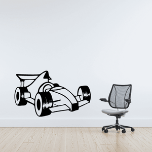 Cartoon open-wheel race car decal with black-and-white styling, wide tires and front wing