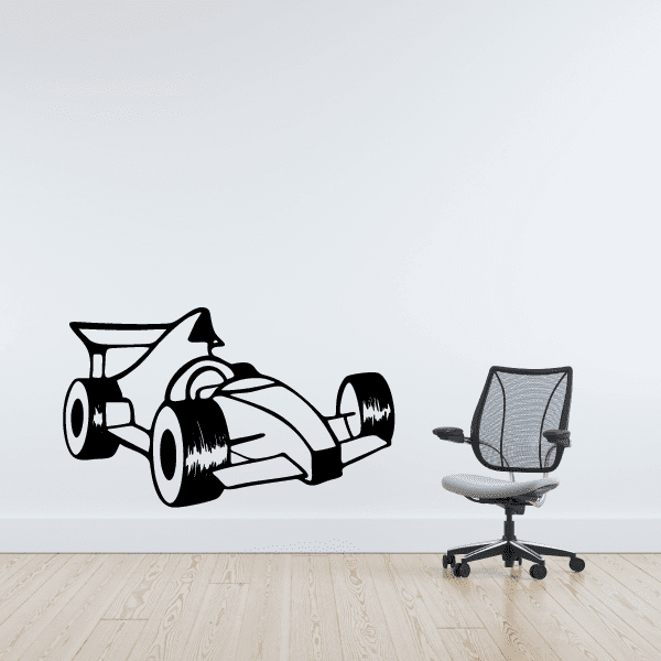 Cartoon open-wheel race car decal with black-and-white styling, wide tires and front wing