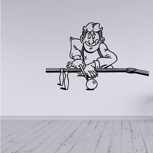 Cartoon pool player wall decal with cue stick and pool ball illustration
