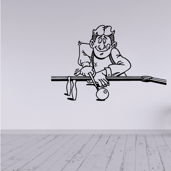 Cartoon pool player wall decal with cue stick and pool ball illustration
